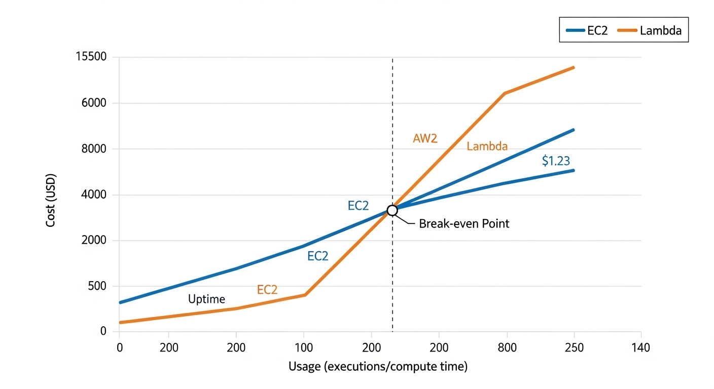 AWS EC2 vs Lambda cost comparison graph showing uptime vs execution-based billing