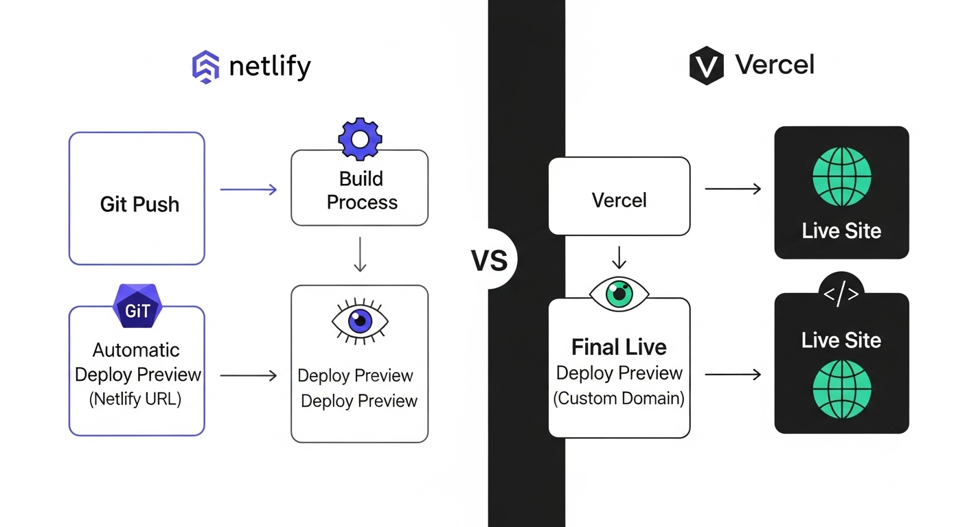How deployment works in Netlify compared to Vercel with build and preview steps.