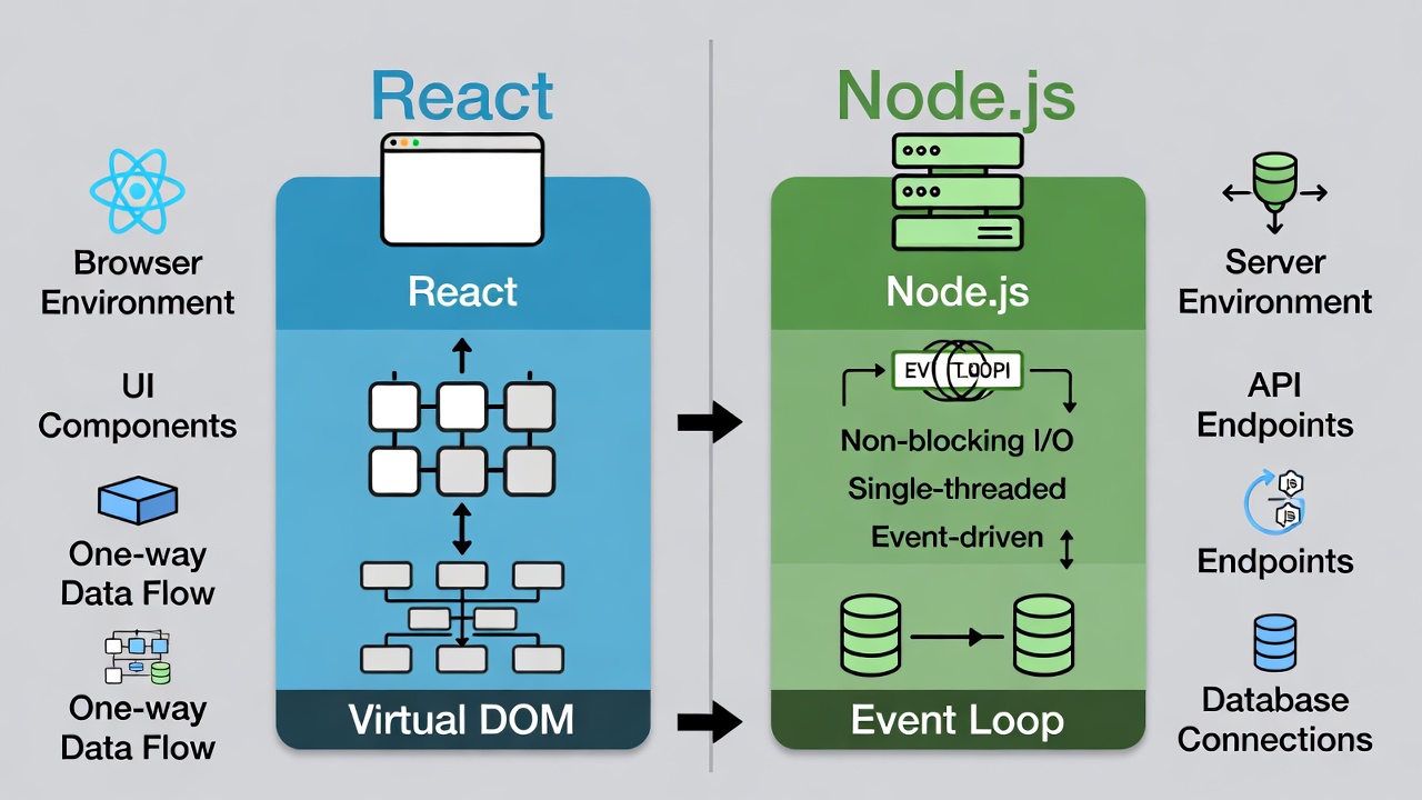 difference between nodejs and react