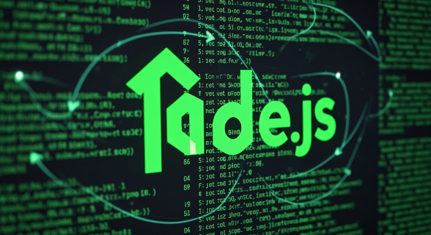 Node.js framework with JavaScript code and event-driven server model illustration