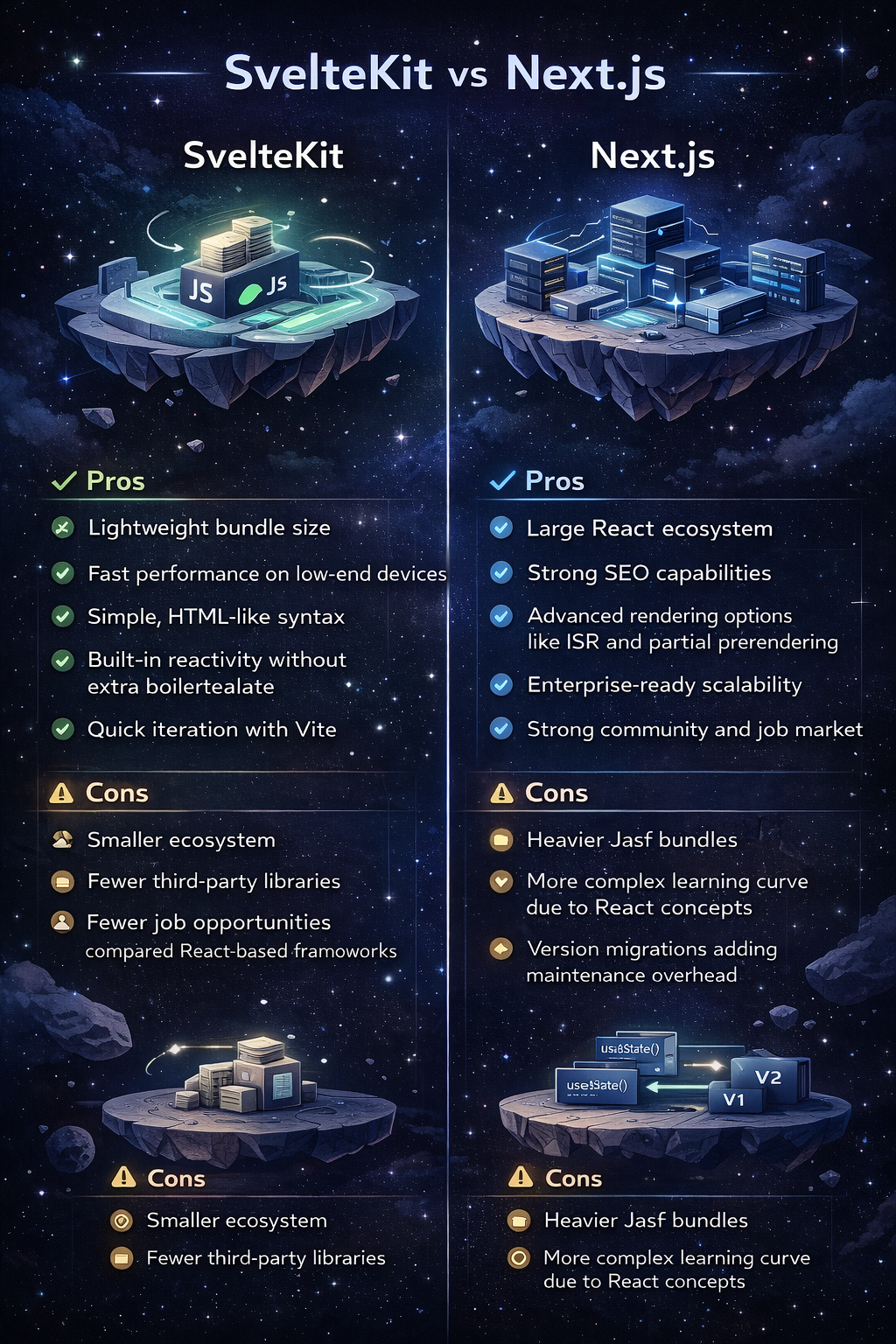 Infograph of the svelte and nextjs pros and cons