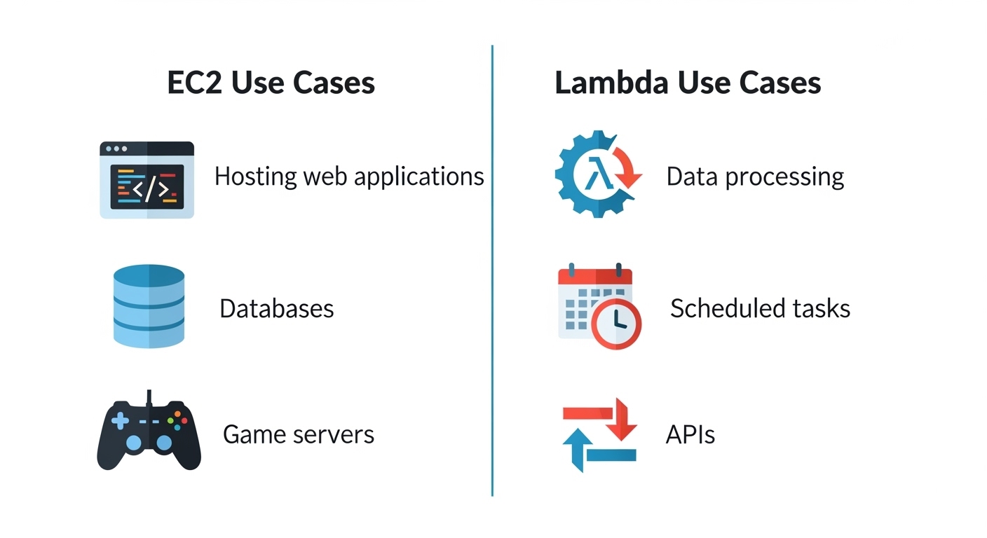 AWS EC2 and Lambda use case comparison infographic