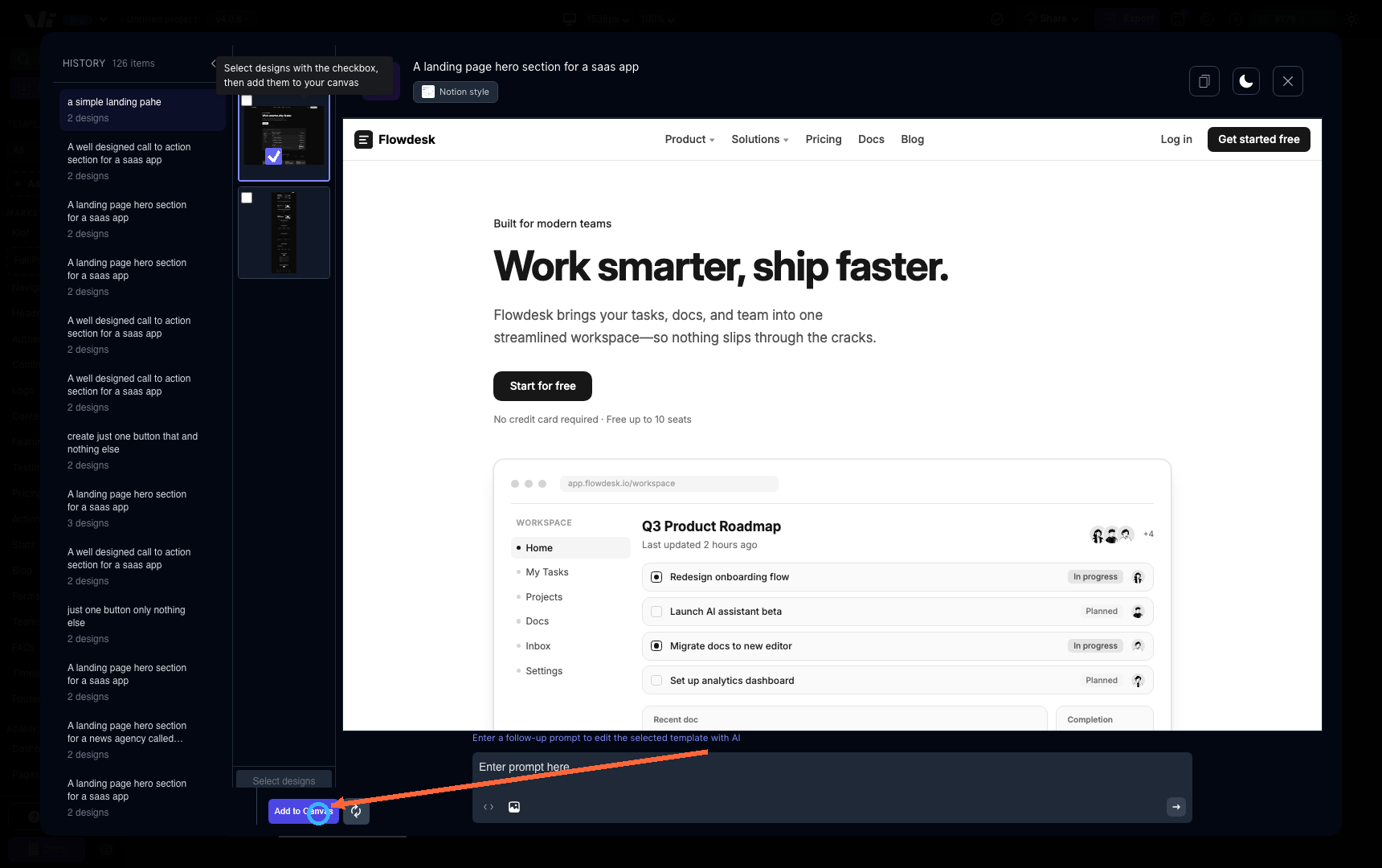 Select and add to canvas