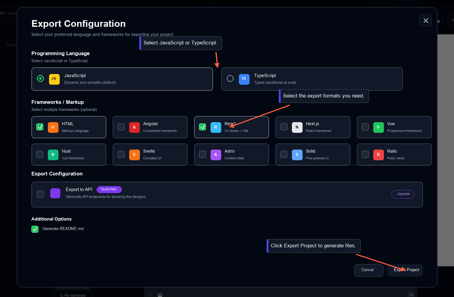 AI export configuration modal